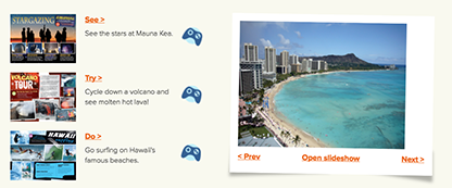 Destination-themed quizzes and slide shows